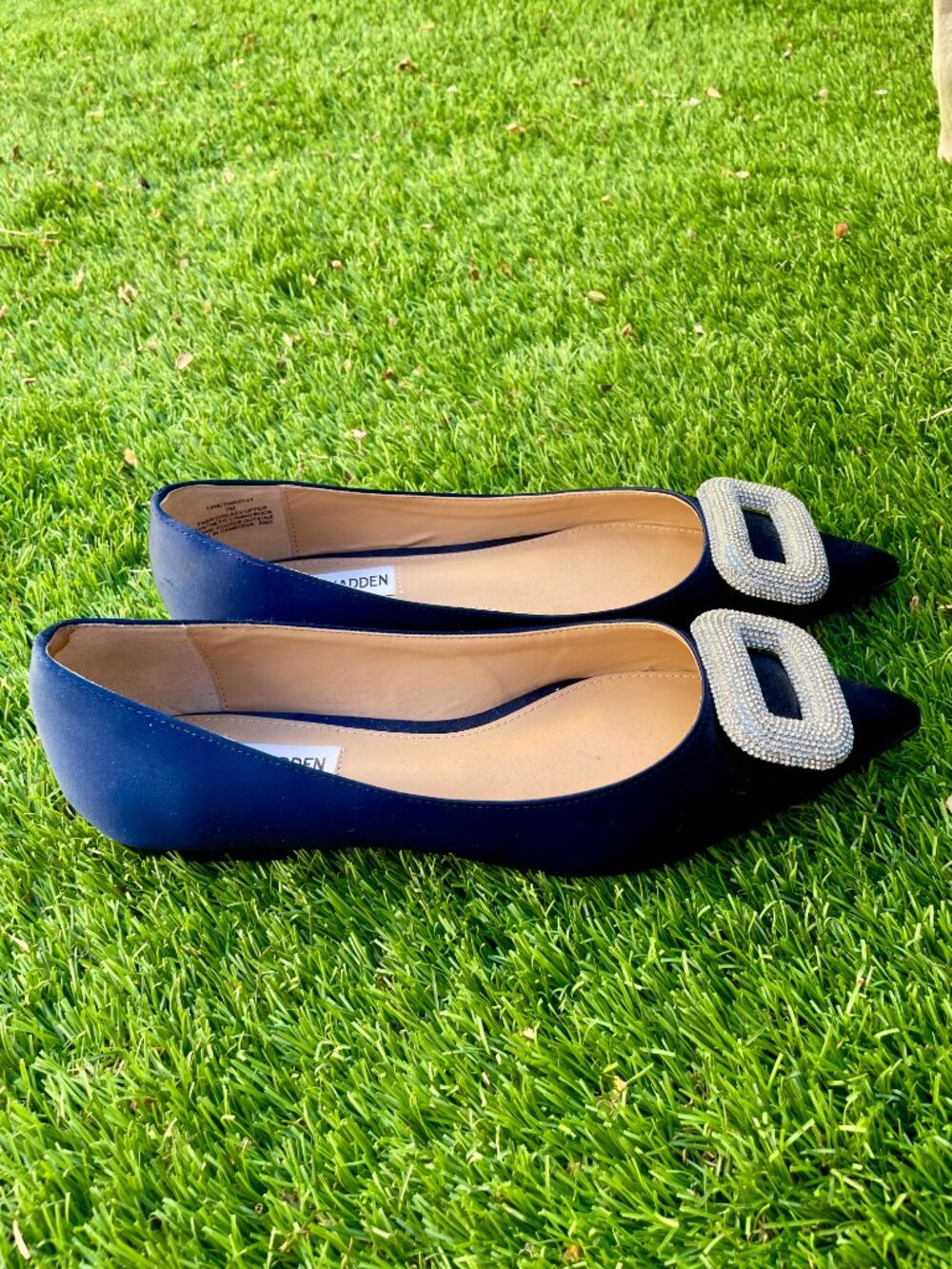STEVE MADDEN Tink Tink Navy Satin Fancy Flats with Crystal Detail